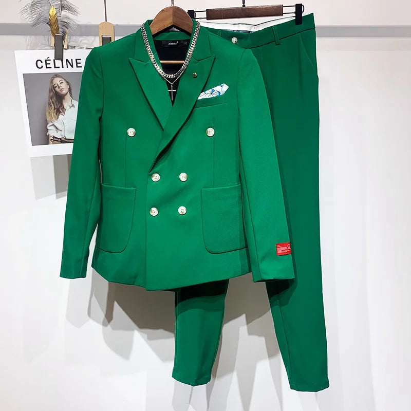 PFHQ Autumn Men's Fashionable Double Breasted Blazers Handsome Tide Light Luxury High Quality Solid Color Suit Trousers 21Z1251