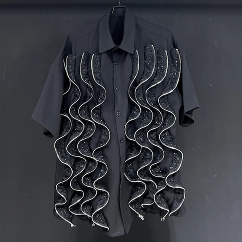PFHQ Men's Summer Versatile Shiny Twisted Zippers Shirts Tide Lapel Short Sleeve Personality Handsome Casual Male Tops 21Z4817