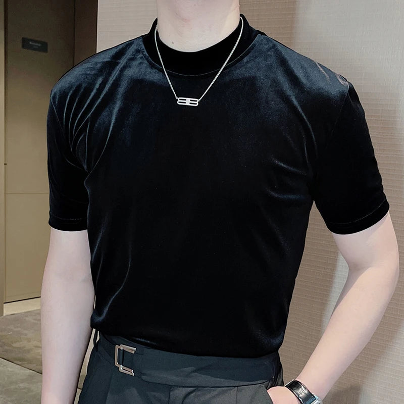 PFHQ Summer Velvet Slim Fit Fashion Short Sleeved Men's T-shirt Versatile 2024 Solid Color Round Neck Male Tops 21Z5314