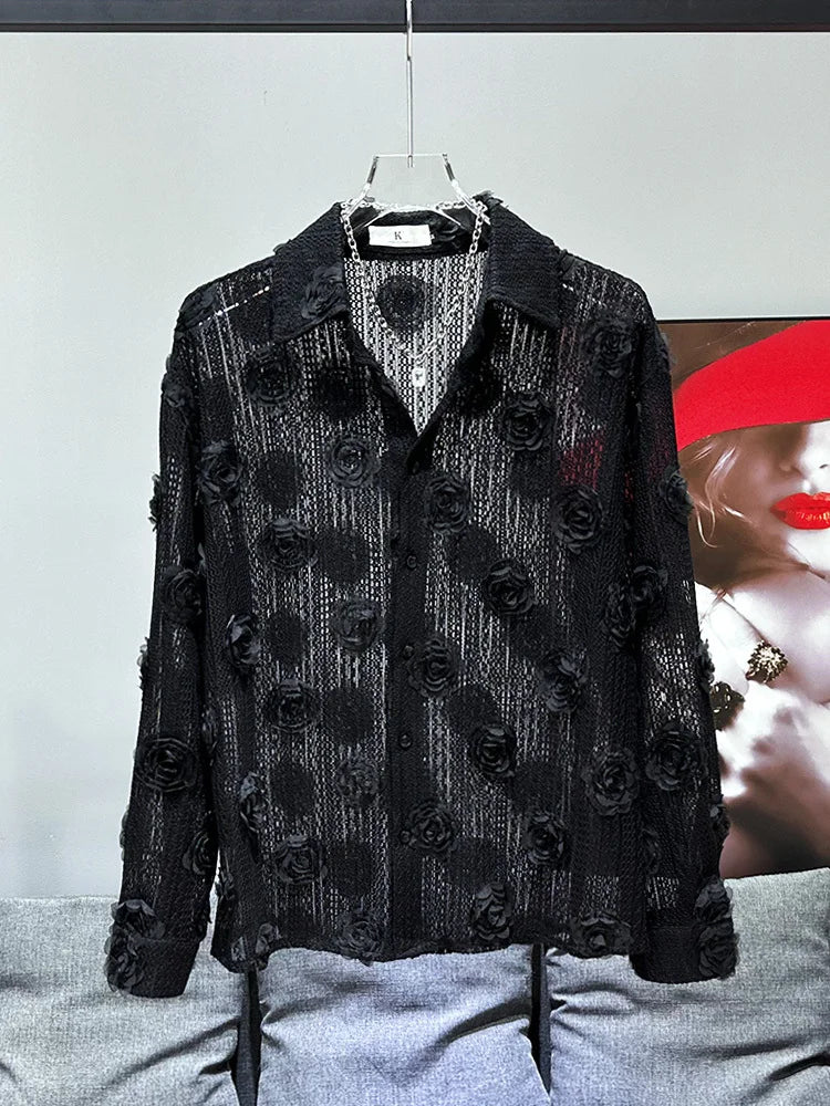 PFHQ Thin Mesh Hollowed Out Male Shirts Loose Translucence Three-dimensional Rose Woven Sun Protection Men's Tops Summer 21Z4517