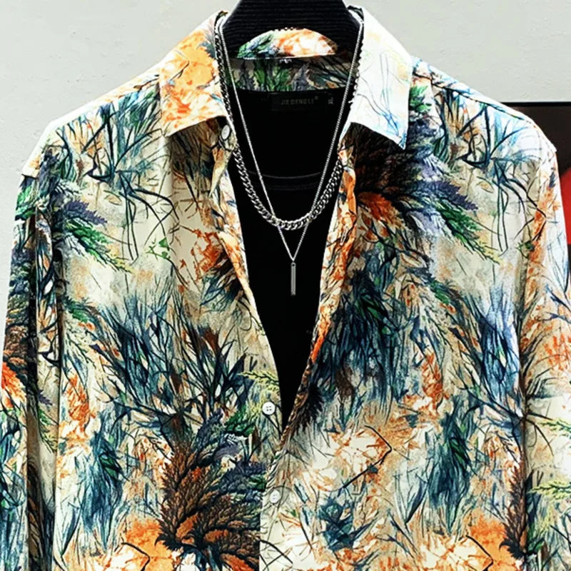 PFHQ 2023 Summer New Fashion Shirts For Men Turn-down Collar Long Sleeve Single Breasted Printing Loose Blouse Clothing 21F3412