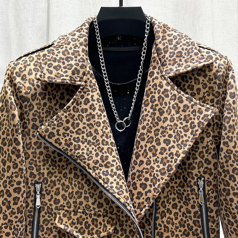 PFHQ Autumn Winter New Leopard Print Men's Short Jacket Fashion Motorcycle Wear Imitation Suede Coat 2024 Tops 21Z6269