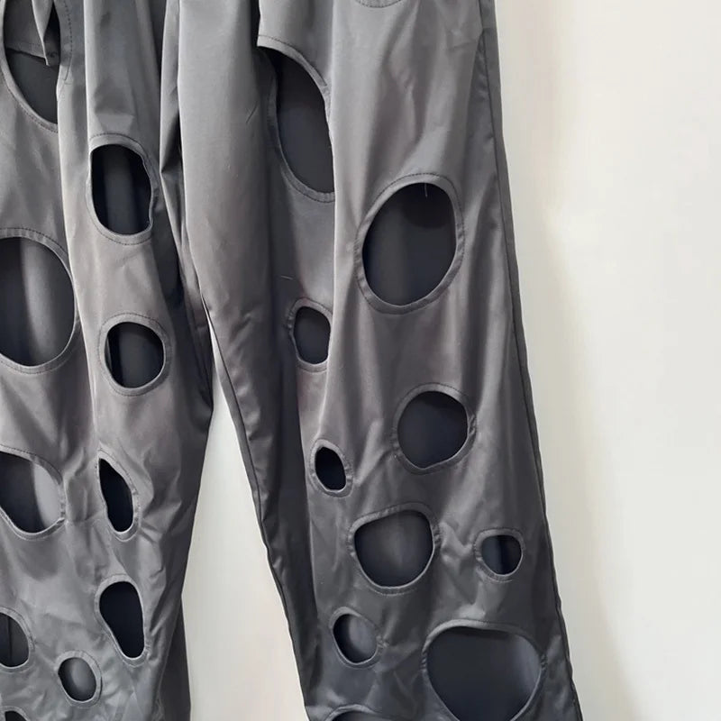 PFHQ Men's Summer Hole Sexy Pants Trendy Loose Fitting Elastic Waist Perforated Personality Streetwear Male Trousers New 21Z4660