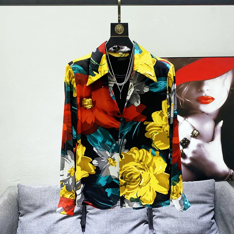 PFHQ 2023 Summer New Fashion Casual Printing Shirts For Men Turn-down Collar Long Sleeve Loose Men's Blouse Clothing 21F4054