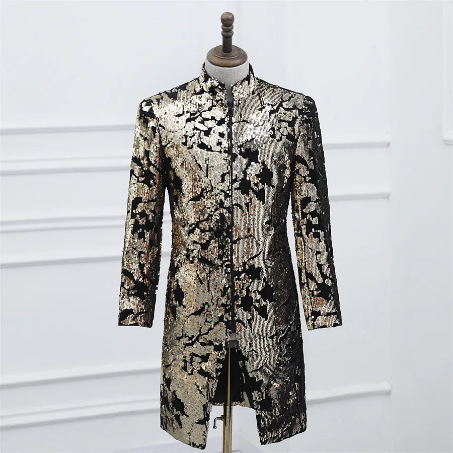 Men Luxury Velvet Sequins Long Blazer Suit Jacket Stand Collar Zipper Glitter Middle Length Tuxedo Coat Male Party Stage Clothes