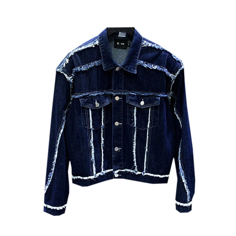 PFHQ 2023 Trendy Elegant Design Fur Edge Shoulder Pad Long Sleeve Denim Jacket Splicing Men's Spring Casual Short Coat Stylish