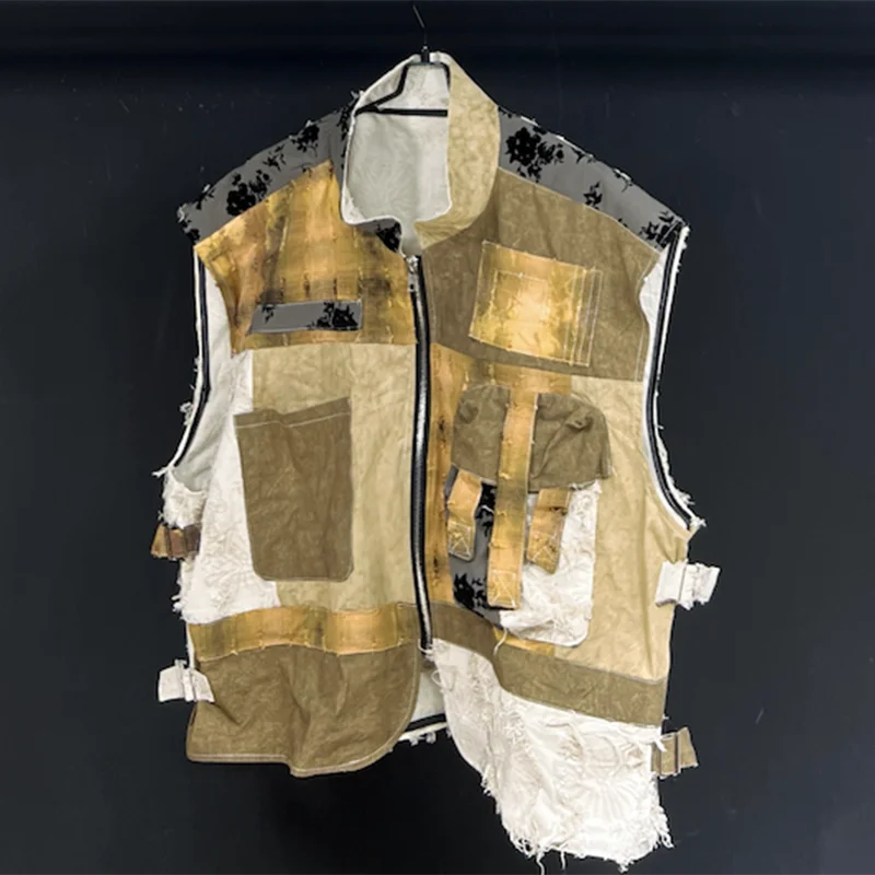 PFHQ Patchwork Plaid Tie Dye Decoration Male Vest Fashion Zippers Short Tactical Vintage Outdoor Camping Men's Waistcoat 21Z4831