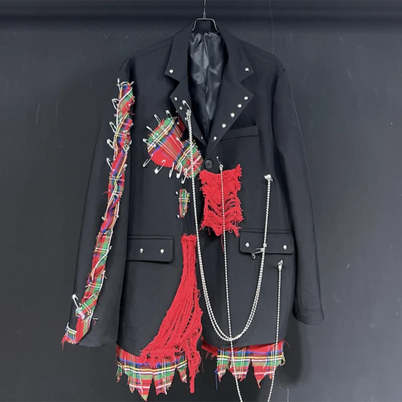 PFHQ Men's Plaid Suit Jackets Loose Fitting Haute Quality Patchwork Chain Design Handsome Worn Out Tide Spring Blazers 21Z4315