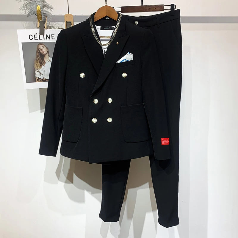 PFHQ Autumn Men's Fashionable Double Breasted Blazers Handsome Tide Light Luxury High Quality Solid Color Suit Trousers 21Z1251