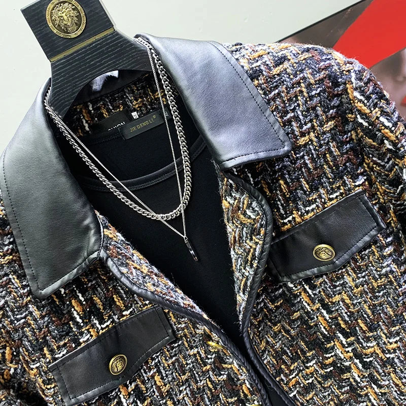 PFHQ 2023 New Patchwork Leather Jackets For Men Long Sleeve Turn-down Collar Contrast Color Coat Men's Summer Fashion 21F3421