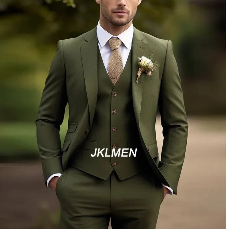 3 Piece Army Green Business Suit Men Tuxedos Groom Groomsman Prom Wedding Party Formal  Set Jacket Vest Pants