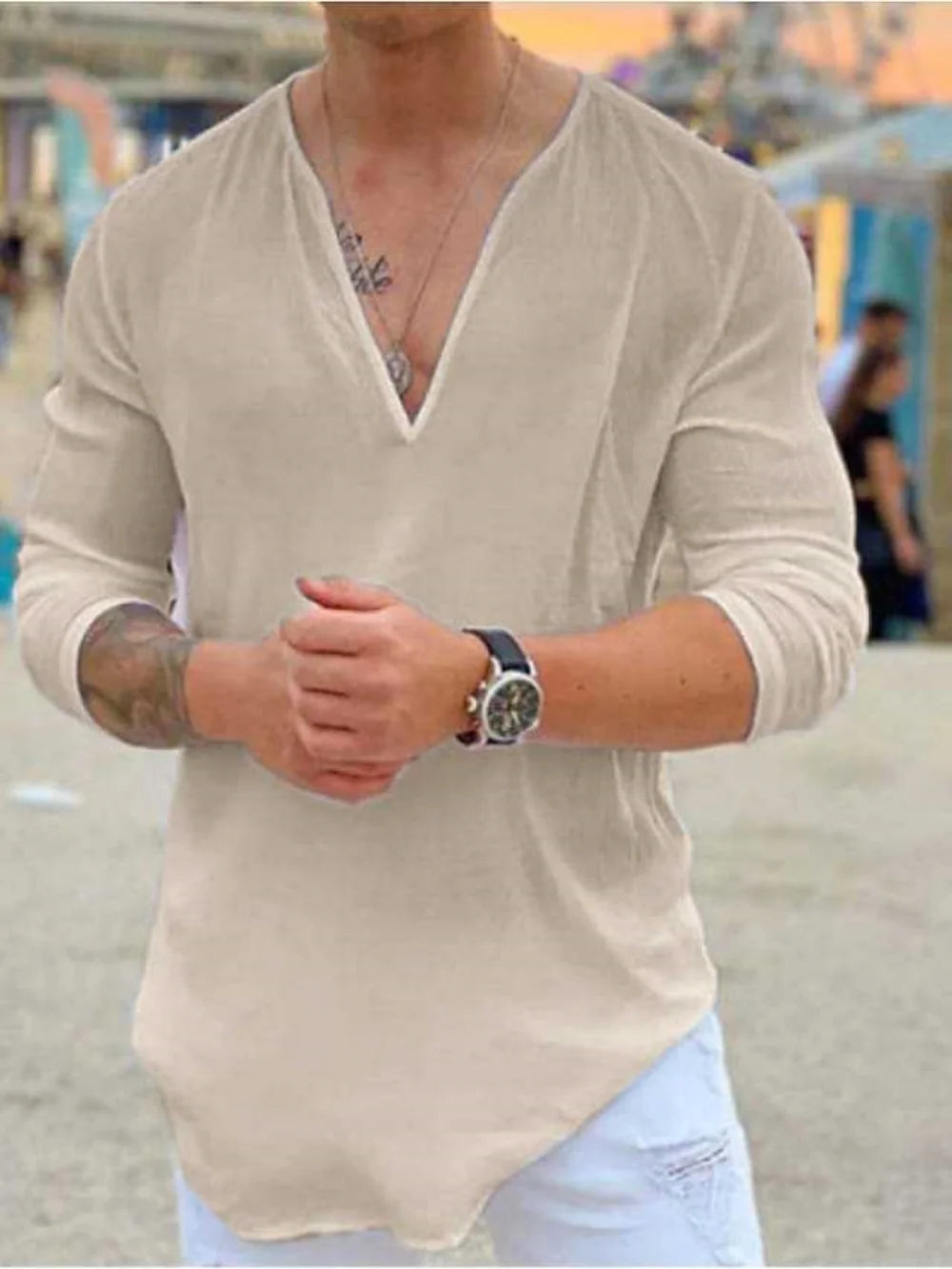 New men's Casual Shirt Trend Fashion V-Neck Loose Street Style Solid Color Long-Sleeved Pullover Spring And Autumn Tops