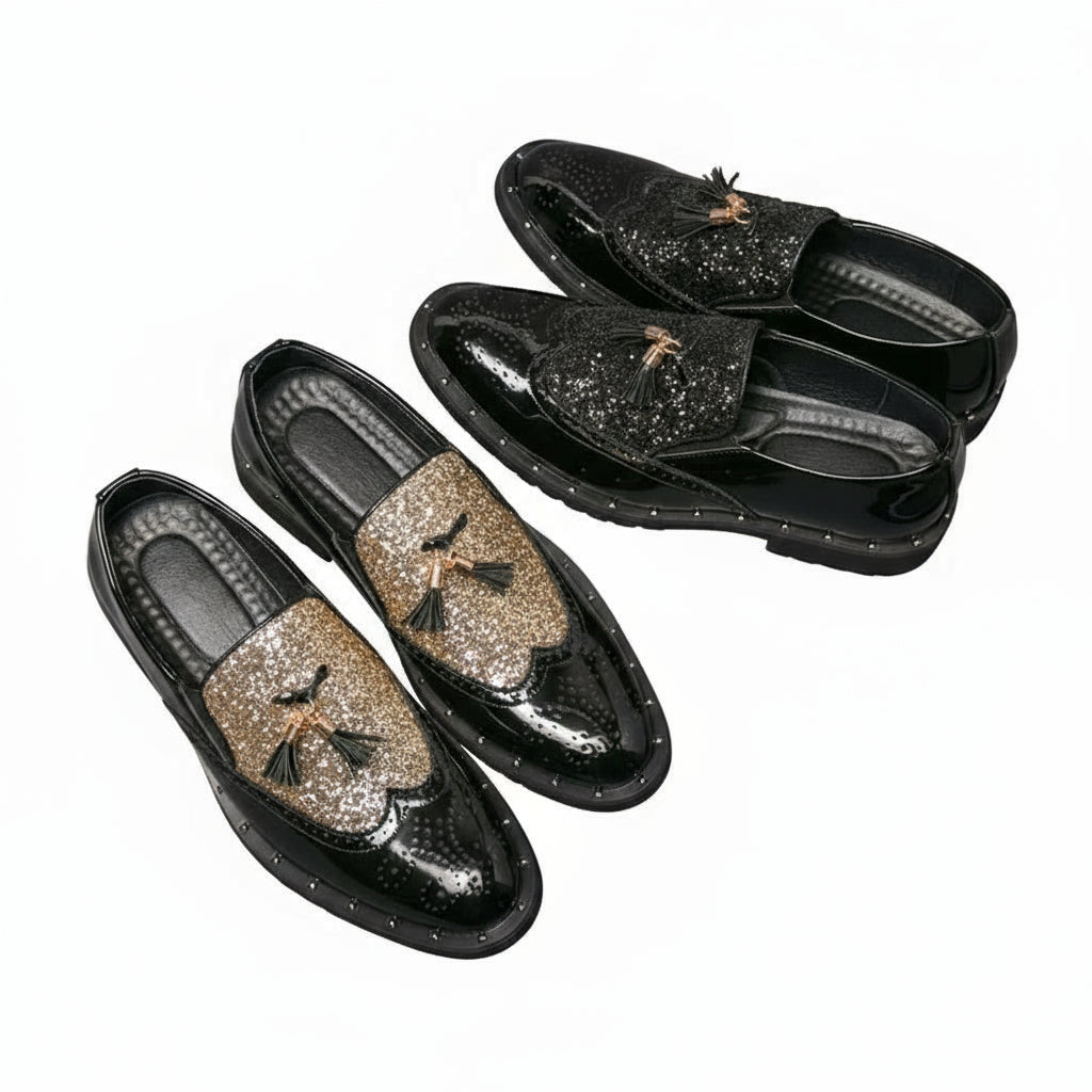 Men's Handmade Glitter Party Loafers, British Retro Fashion with Tassel & Rivet Details, Slip - on Dress Shoes for Trendsetters