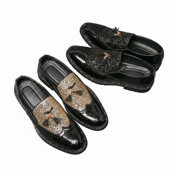 Men's Handmade Glitter Party Loafers, British Retro Fashion with Tassel & Rivet Details, Slip - on Dress Shoes for Trendsetters