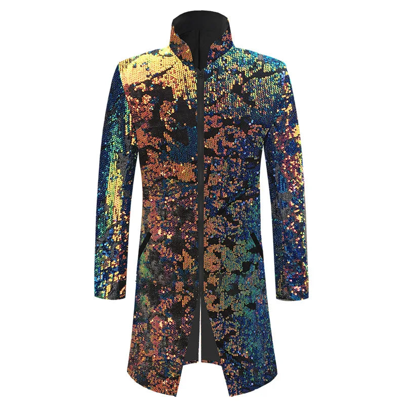 Men Luxury Velvet Sequins Long Blazer Suit Jacket Stand Collar Zipper Glitter Middle Length Tuxedo Coat Male Party Stage Clothes