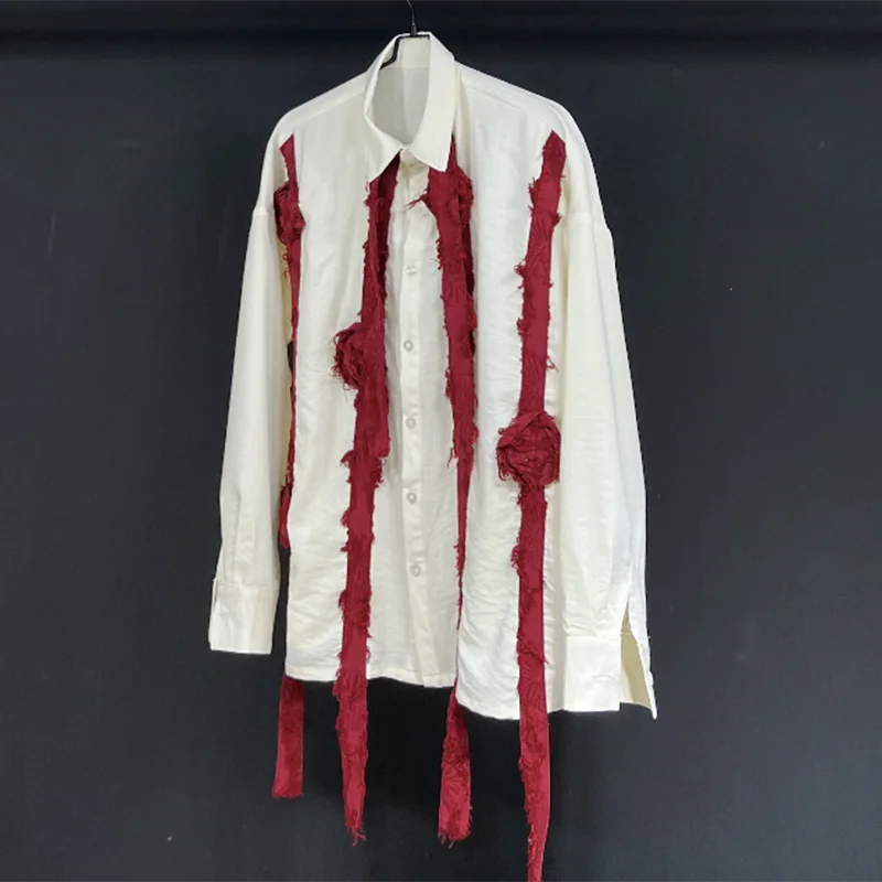 PFHQ Autumn Men's Linen Patchwork Hand Pinch Flower Shirts Light Luxury Baggy Button Brathable Comfortable Leisure Tops 21Z1452