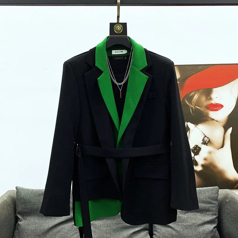 PFHQ Men's Contrast Color Personality Loose Double Collar Patchwork Blazers Haute Quality Suit Coat Autumn Fashion New 21F3473