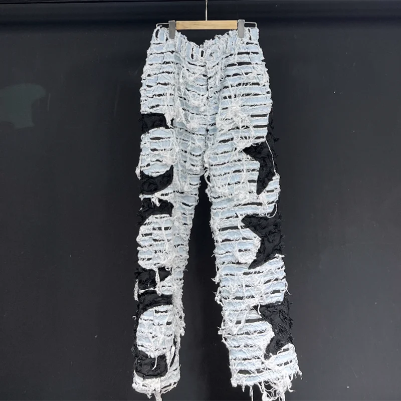 PFHQ Men's Jeans Moon Stars Pattern Straight Patchwork Thickened Worn Out Vintage Outdoor Motorcycle Denim Pants Autumn 21Z2301