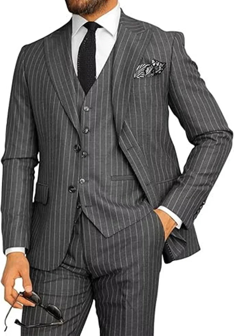 Formal Men's Suits Classic Pinstripe Tuxedos Suit 3 Pieces Blazer Vest and Pant Set Peak Lapel Groomsmen Wedding Dress  Business