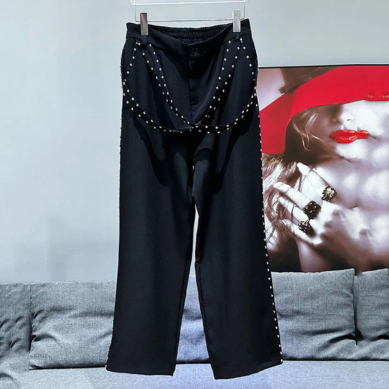 PFHQ Autumn New Loose Versatile Metal Nail Decoration Ribbon Design High Street Straight Leg Casual Pants Solid Color