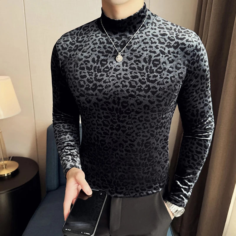 PFHQ Leopard Print Men's Tees Mock Neck Long Sleeve Pleuche Slim Niche Design Casual Clothing Pullover Male T-shirt 2025 21Z9022