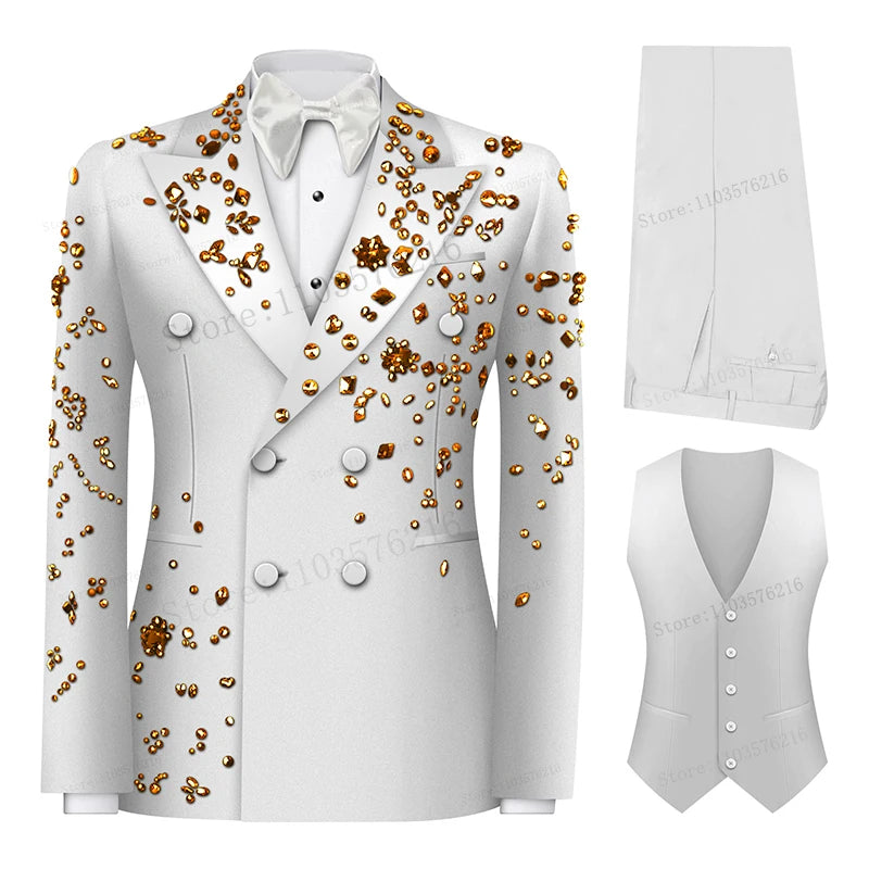 Luxury 3 Pieces Men's Suits Jewel Decoraction Jacket Vest Pants Suit for Party Prom Wedding Groom