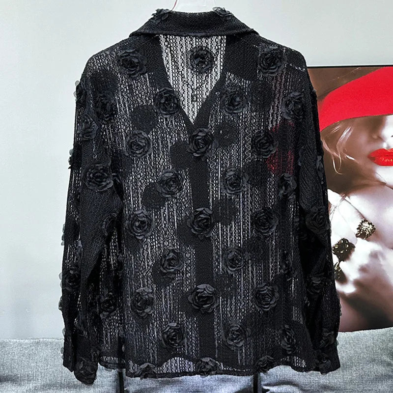 PFHQ Thin Mesh Hollowed Out Male Shirts Loose Translucence Three-dimensional Rose Woven Sun Protection Men's Tops Summer 21Z4517