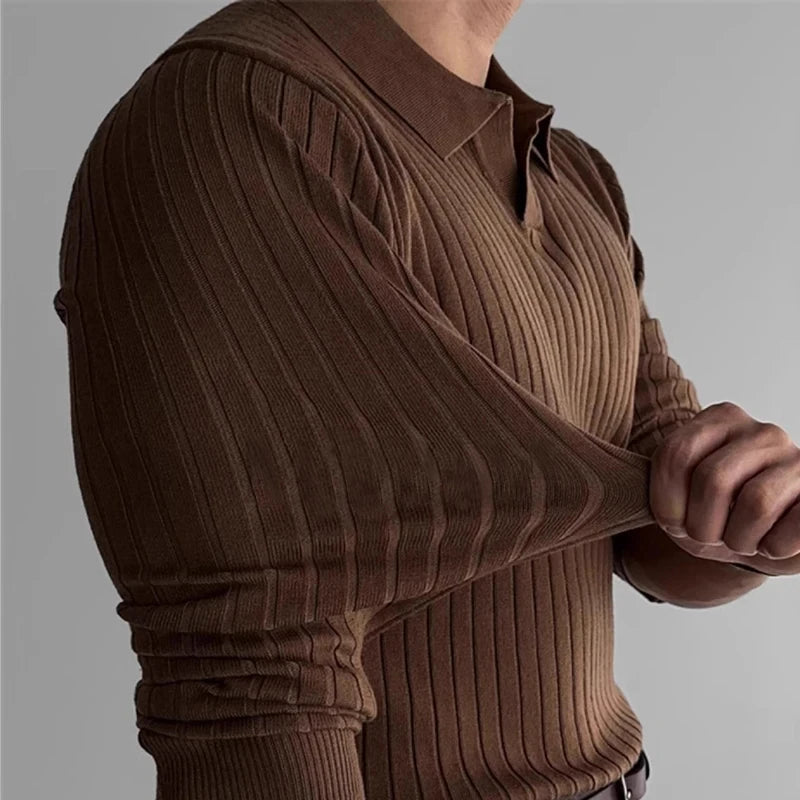 New Autumn Men's Light Luxury turn-down collar Knitted Polo Shirt Solid Color Long-sleeved Pullover Leisure Knitwear Streetwear