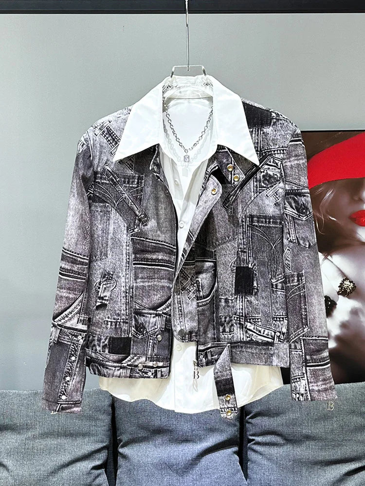 PFHQ Men's Coat Tide Spliced Denim Button Zipper Design Popular Contrast Color Male Short Personality Jackets Summer New 21Z4502