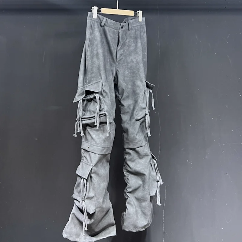 PFHQ Men's PU Washed Cargo Pants Streetwear Multi Pockets Avant-garde Pioneer Techwear Abstraction Autumn Tide Trousers 21Z3141