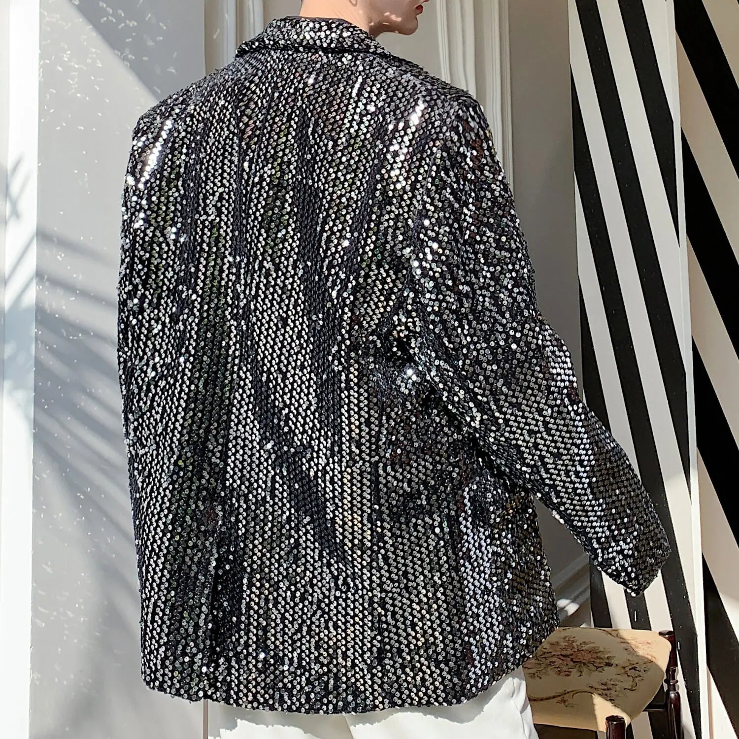 Sequin Blazer Hombre Stage Show Blazer Jacket Outerwear Men Sequins Casual  Suit Jacket Overcoat Male Silver Paillette Blazer