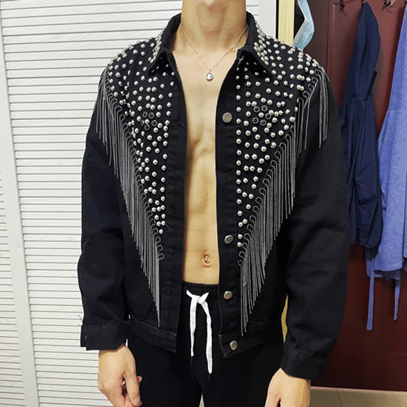 PFHQ Men's Denim Coat Short Heavy Industry Bead Tassel Korean Stage Performance Handsome Delicacy Popular Jackets Spring 21Z3714