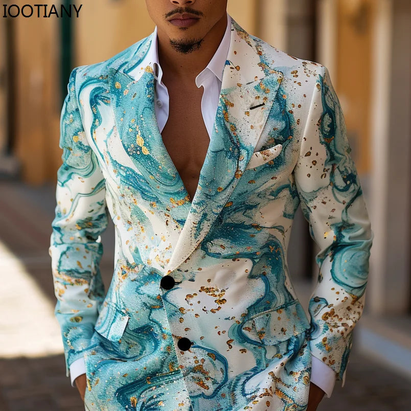 Men's Colorful Painting Suit British Men's Suit Jackets And Pants Nightclub Stage Cool Performance Suits Wedding Banquet Suits