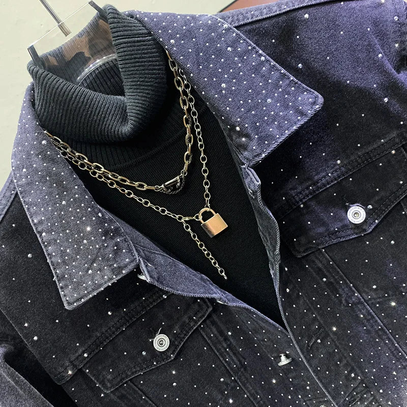 PFHQ High Quality Sky Star Hot Diamond Denim Jackets Men's Versatile Handsome Loose Tide Glisten Motorcycle Coat Autumn 21Z2936