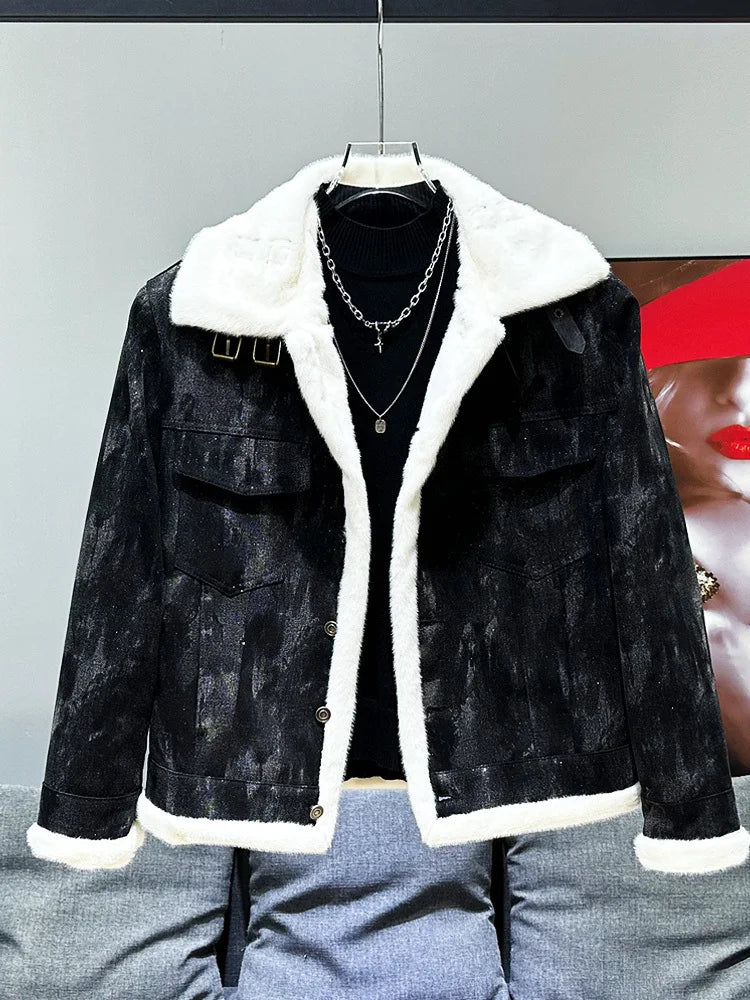 PFHQ Plush Design Men's Denim Fur Parka Jacket Sequin 2024 Patchwork Contrast Color Long Sleeve Male Tops Streetwear  21Z7713
