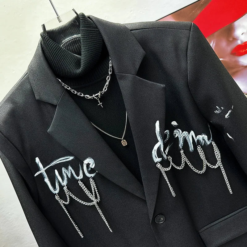 Men's 2024 Spring Autumn Fashion Trendy Suit Jacket Handsome Casual Loose Black Suit Jackets High-end High Street Letter Blazers