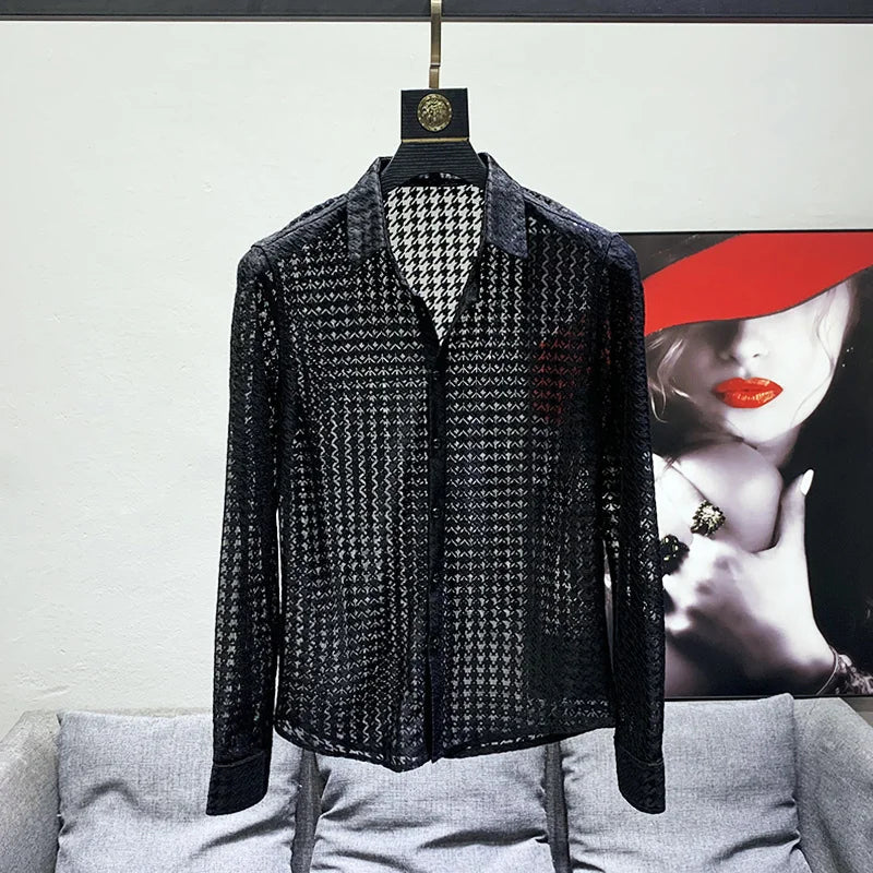 PFHQ 2023 Spring Trendy Elegant Mesh Cut-out Shirt Men's Slim Fit Long Sleeve Tops Design Clothes Fashion Original High Quality