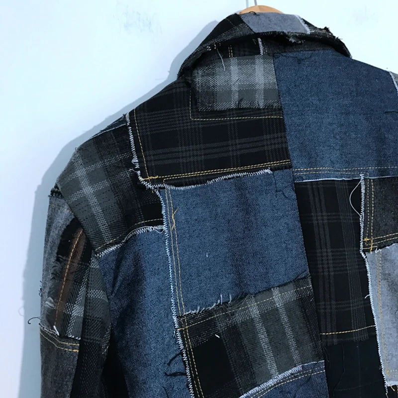 PFHQ Autumn Men's Denim Plaid Raw Edge Stitching Blazers Patchwork Design Cool Motorcycle Creativity Casual Button Coat 21Z1406