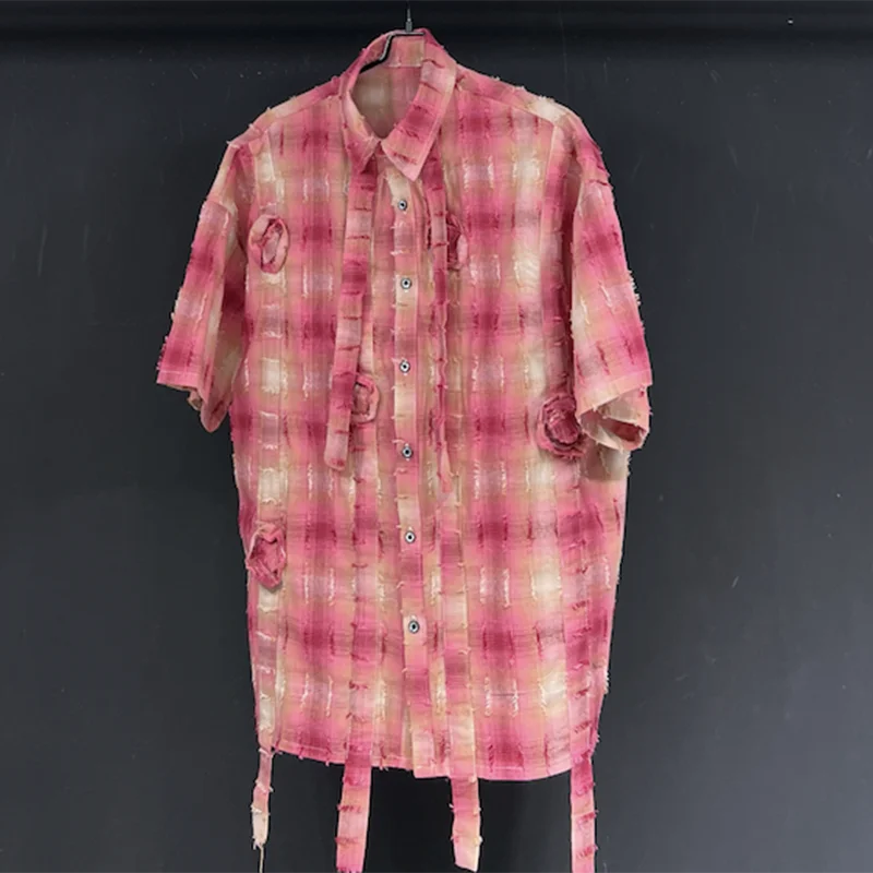 PFHQ Men's Checkered Shirt Short Sleeve 2024 Summer New Loose Versatile Handmade Flowers Delicacy Personality Male Tops 21Z4845